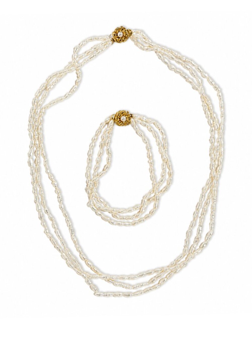 3 Strand Freshwater Pearl Necklace & Bracelet Set White Pink Luster